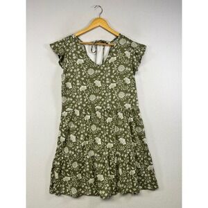Cottagecore Devoted Women M Olive Green Floral Tiered Linen Blend Mini Dress